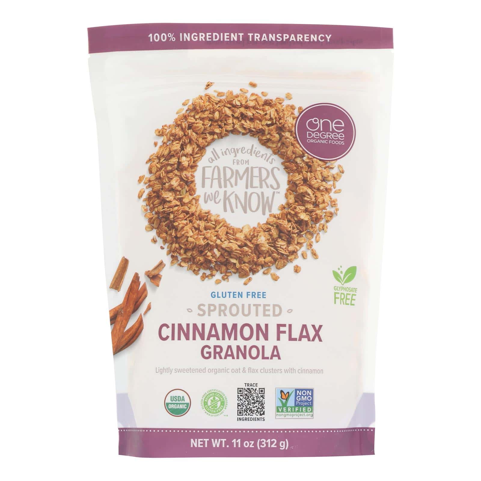 One Degree Organic Foods Cinnamon Flax Granola - Sprouted Oat - Case of 6 - 11 oz. - Image 2