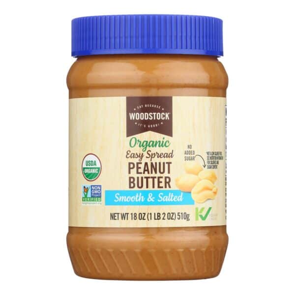 Woodstock Organic Easy Spread Peanut Butter - Smooth - Case of 12 - 18 oz.