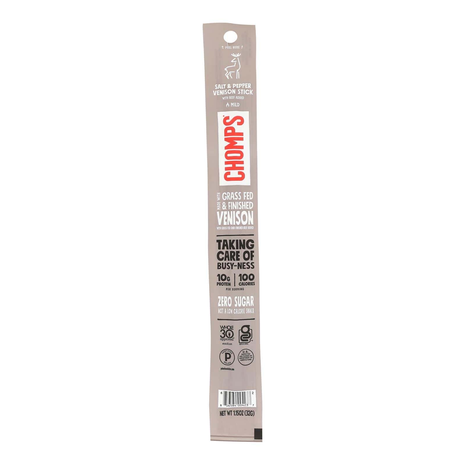 Chomps Venison Sticks - Pepper - Salt - Case of 24 - 1.15 oz