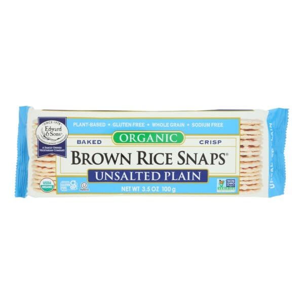 Edward and Sons Brown Rice Snaps - Unsalted Plain - Case of 12 - 3.5 oz.