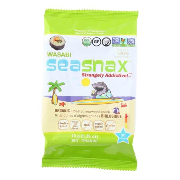 Seasnax Seaweed Snax - Organic - Wasabi - Case of 12 - .36 oz