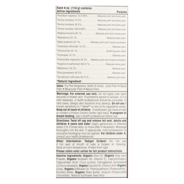 T-Relief - Pain Relief Ointment - Arnica plus 12 Natural Ingredients - 3.53 oz - Image 2