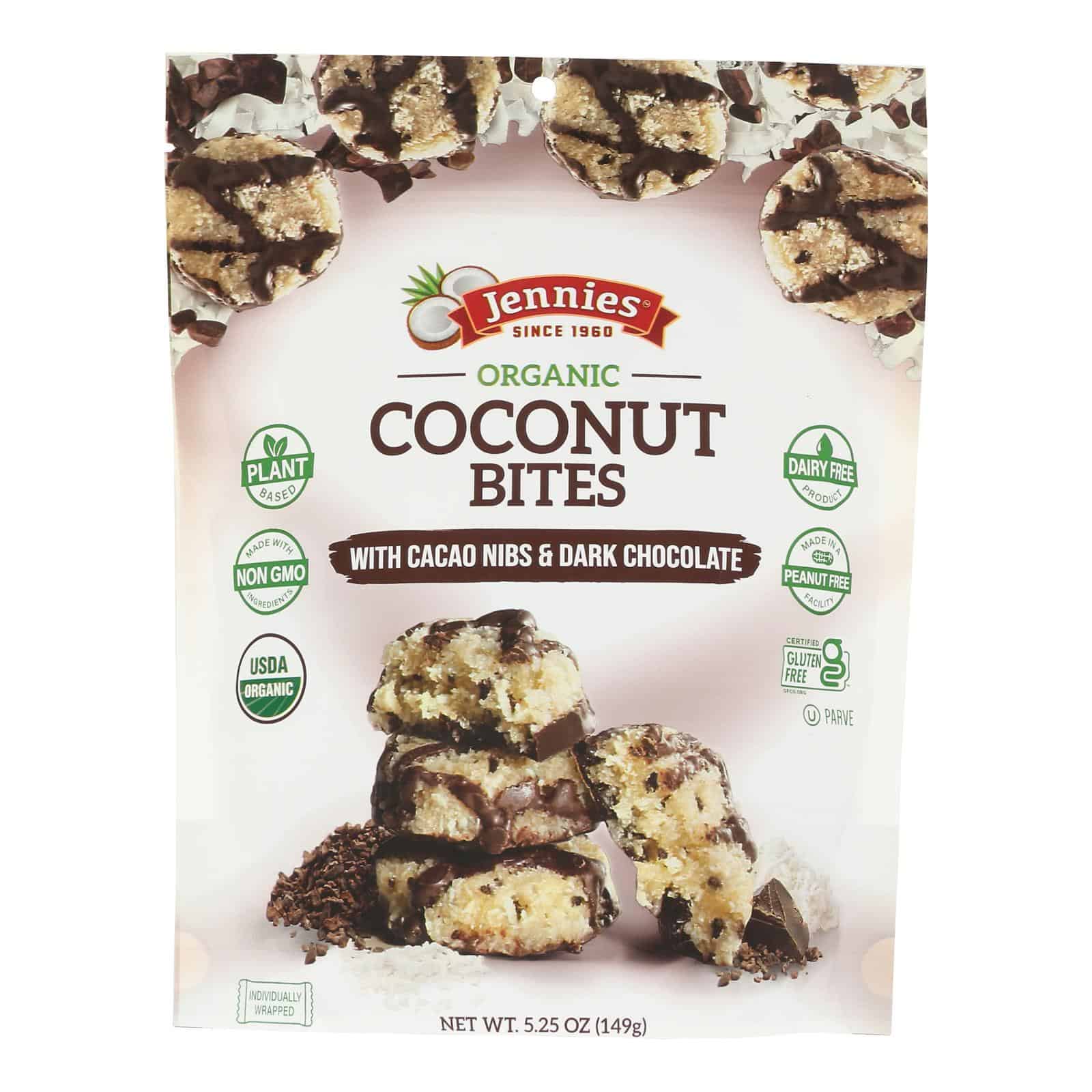 Jennies Coconut Bites - Organic - Cacao Chocolate - Case of 6 - 5.25 oz