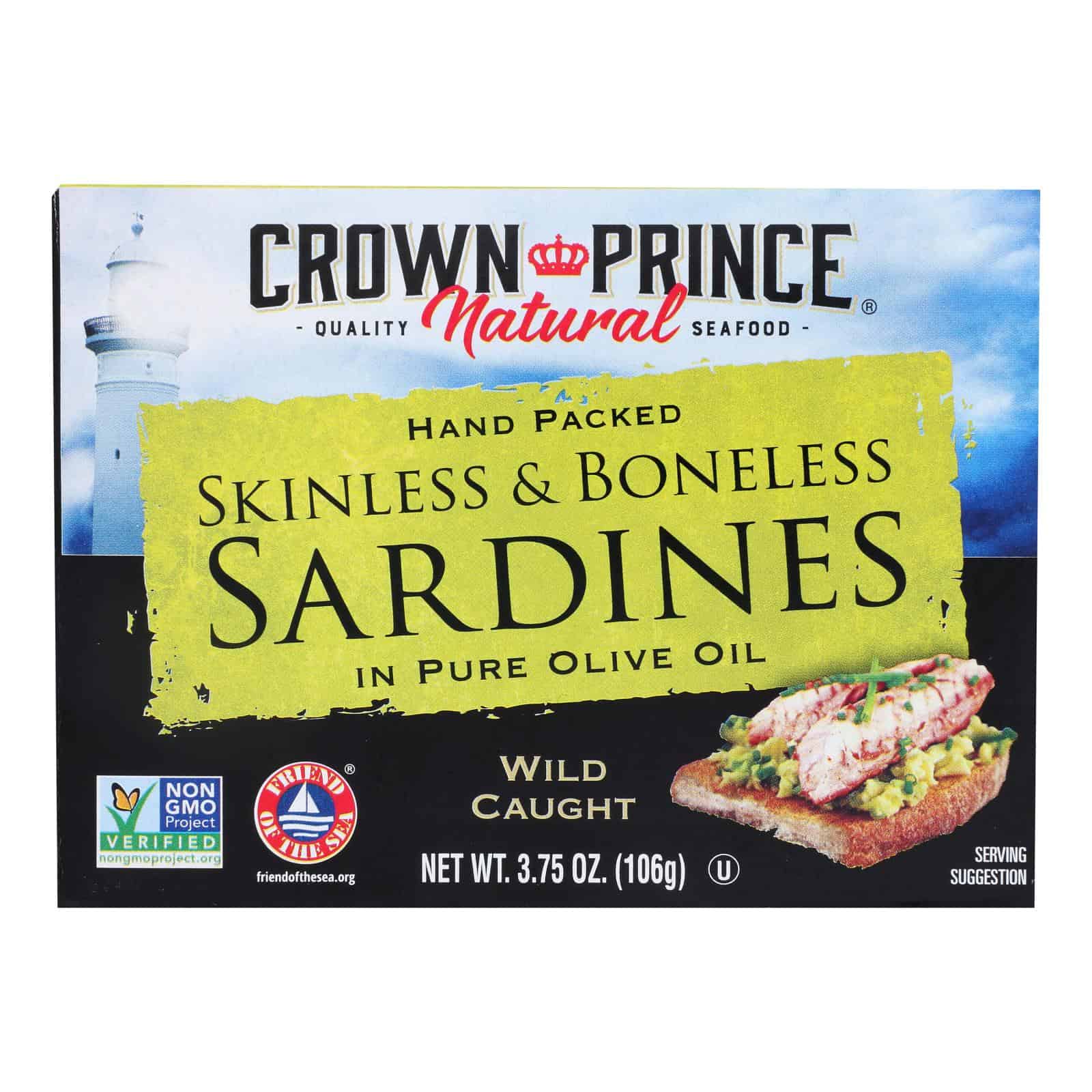 Crown Prince Skinless and Boneless Sardines In Pure Olive Oil - Case of 12 - 3.75 oz.